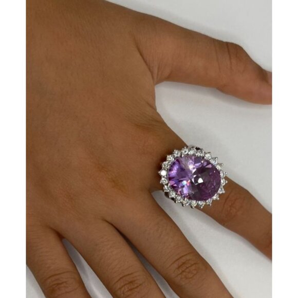 Large Oval Purple CZ & Clear Accents Sterling Silver Ring 925 Marked - Picture 10 of 11